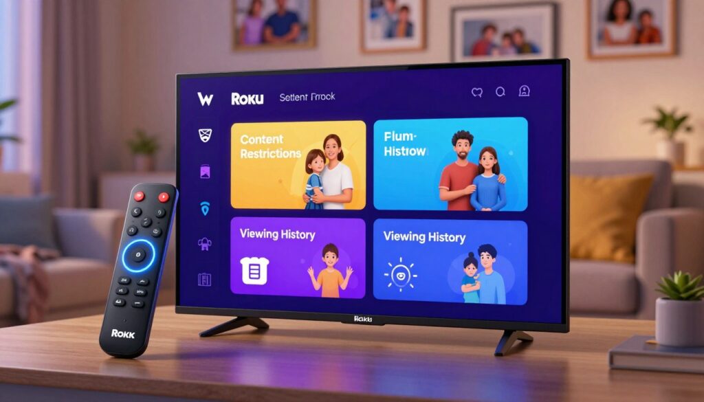 A modern digital interface showcasing the advanced parental control features of Vu Player on a Roku device. In the foreground, a sleek Roku remote with illuminated buttons is prominently displayed, while a vibrant screen in the middle section reveals a user-friendly menu with options like "Content Restrictions" and "Viewing History". The background features a cozy living room setting, with soft, ambient lighting creating a warm atmosphere. The walls are adorned with framed family photos, suggesting a safe space for family entertainment. The focus is clear on the Roku interface, showcasing its sophisticated yet accessible design. The mood is reassuring and modern, emphasizing technology that empowers parents to manage their children's viewing experience effectively.