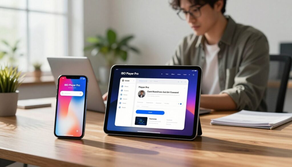 A modern digital workspace featuring an iPhone and an iPad displaying the IBO Player Pro app, emphasizing a sleek interface. In the foreground, the devices are positioned on a polished wooden desk with soft lighting casting gentle shadows. The middle layer includes a professional individual in smart casual attire, focused on optimizing the user experience, interacting with the apps. The background showcases a bright, minimalist office with plants and a large window letting in natural light, enhancing a productive atmosphere. Highlight the devices’ screens with vivid colors, illustrating user-friendly features and intuitive navigation. Capture a sense of focus and efficiency, conveying an ideal environment for tech professionals in the process of refining digital interactions.