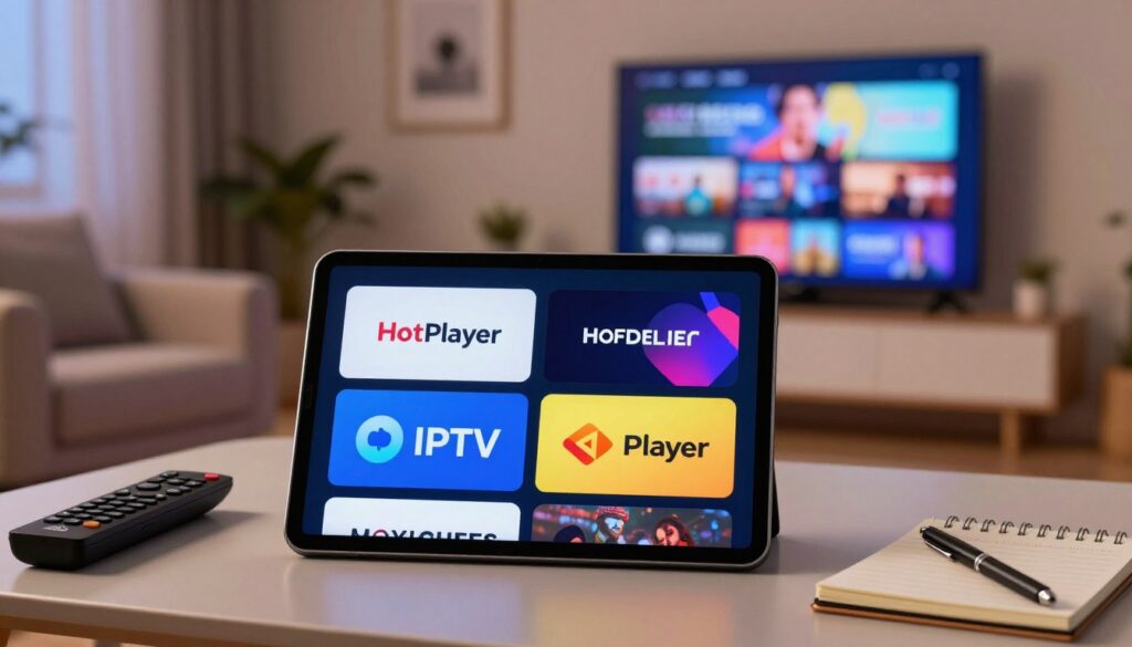 A modern digital workspace featuring various IPTV app logos as alternatives to HotPlayer. In the foreground, a sleek tablet displays prominent logos of alternative IPTV apps, highlighted with vibrant colors to draw attention. The background features a stylish and minimalistic living room with a large smart TV showing content being streamed, creating an inviting atmosphere. Soft ambient lighting illuminates the room while providing a cozy yet professional feel. To the side, a neatly arranged remote control and a notepad with a pen suggest user interaction. The overall mood is vibrant and engaging, showcasing technology in a comfortable home setting. The scene should convey innovation and convenience, ideal for streaming entertainment solutions.