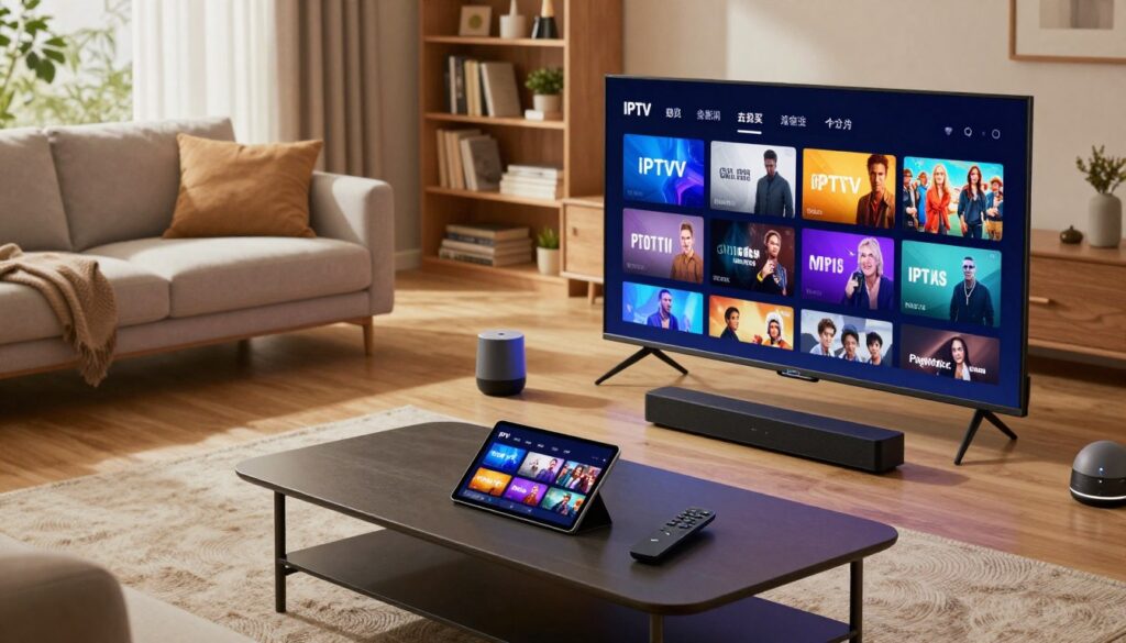 A modern home entertainment setup showcasing IPTV playlist management and media players. In the foreground, feature a sleek, smart TV displaying an interface with vibrant IPTV channels and playlists. Include a stylish remote control beside it. In the middle, a contemporary coffee table displays a tablet showing a media player application, surrounded by smart home devices like a soundbar and streaming device. The background is a cozy living room with soft lighting, highlighting a comfortable sofa and shelves filled with books and decorative items. The overall mood is inviting and tech-savvy, with a warm, modern aesthetic that inspires optimal IPTV experiences. Use natural lighting to enhance the inviting atmosphere and capture a slightly elevated angle for a dynamic view.