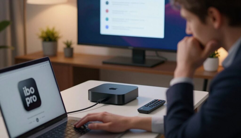 A modern home office setting featuring a person in professional attire troubleshooting an Apple TV installation issue related to "ibo pro". In the foreground, the individual is focused on a laptop, with a thoughtful expression, showcasing a cable connected to the Apple TV. In the middle, an Apple TV sits prominently on a stylish desk, with a sleek remote nearby. The background includes a large screen displaying troubleshooting steps, illuminated softly by warm ambient lighting. The atmosphere is one of concentration and problem-solving, with a subtle hint of frustration but also resolve. Use a slightly blurred bokeh effect to keep the focus on the troubleshooting scene, and ensure a clean, organized workspace is depicted.