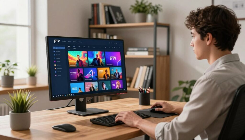 A modern home office setup featuring a sleek Windows PC displaying an IPTV Player interface. In the foreground, there is a well-organized desk with a high-quality monitor showcasing vibrant streaming content, such as a colorful TV guide with different channels. A professional individual, dressed in business casual attire, is interacting with the player using a wireless mouse, their focused expression hinting at deep engagement. The middle background displays a stylish bookshelf filled with tech-related books and decorative plants, adding a touch of warmth. Soft, natural light filters through a nearby window, casting gentle shadows, whilst a comfortable ergonomic chair complements the contemporary workspace. The overall mood is productive and inviting, reflecting the ease of using and setting up IPTV on a Windows PC.