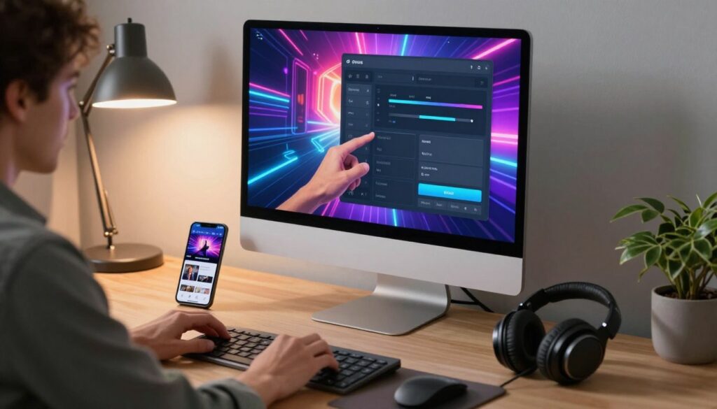 A modern home office setup featuring a sleek desktop computer with a large monitor displaying vibrant streaming graphics. In the foreground, a professional-looking person in smart casual attire adjusts the audio settings on the screen. In the middle ground, a smartphone is charging nearby, displaying a streaming app interface, while a high-quality pair of headphones rests next to it. The background includes soft lighting from a stylish desk lamp, casting a warm glow, and a decorative plant adding a touch of nature. The scene conveys a focused and efficient atmosphere, emphasizing tips for achieving optimal streaming quality and experience. The image should showcase clarity, balance, and a sense of professional coziness without any text or distractions.