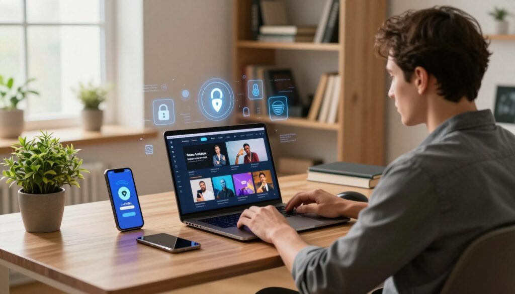 A modern home office setup featuring a sleek laptop displaying a streaming service interface, with digital security icons and a VPN symbol hovering above the screen. In the foreground, a stylish, well-dressed individual, seated comfortably, is actively engaged with the content. The middle ground showcases a smartphone with a VPN app open, and a potted plant adds a touch of greenery. The background is a softly lit room with warm tones, bookshelves filled with tech-related books, and a window letting in natural light, creating an inviting atmosphere. Use a wide-angle lens to capture the scene, emphasizing security and the concept of safe streaming. The mood should convey professionalism and confidence, suitable for readers interested in technology and online privacy.