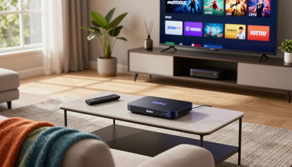 A modern living room featuring a Roku device connected to a TV screen displaying various IPTV app icons in a visually appealing layout. In the foreground, a comfortable couch with a colorful throw blanket invites viewers to relax. The middle ground showcases a sleek coffee table with a remote and a few tech gadgets. Soft natural light streams in from a window, creating a warm atmosphere. In the background, a stylish entertainment unit holds the Roku device, and potted plants add a touch of greenery. The scene conveys a sense of contemporary technology and home comfort, emphasizing the theme of exploring alternative IPTV options for Roku users.