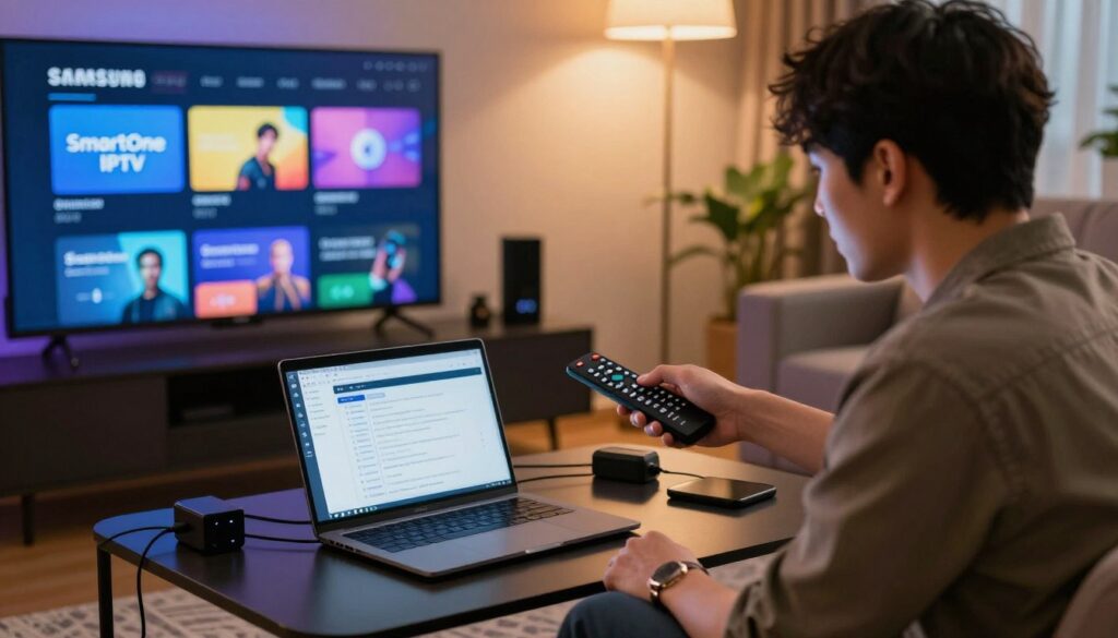 A modern living room featuring a Samsung Smart TV displaying the SmartOne IPTV interface. In the foreground, a professional-looking technician is configuring the IPTV settings on the TV using a sleek remote control. The technician wears smart casual clothing, exuding an air of efficiency and focus. In the middle ground, a coffee table with a laptop open, highlighting the configuration guide for SmartOne IPTV, surrounded by cables and devices for a tech-savvy ambiance. The background shows soft, ambient lighting casting a warm glow, enhancing the cozy yet professional atmosphere of the room. The overall composition is shot from a slightly elevated angle, showcasing teamwork and connectivity in modern technology.
