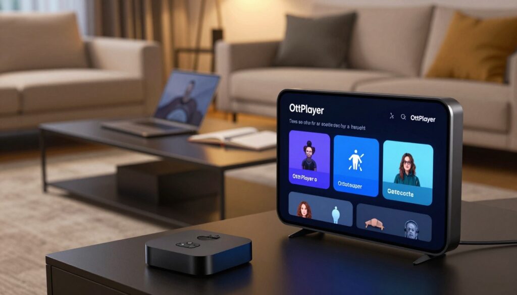 A modern living room featuring a close-up view of an Apple TV being set up with an illustrative guide on how to install OttPlayer. In the foreground, a sleek Apple TV remote and a user-friendly interface displayed on the screen. The middle ground shows a stylish coffee table with an open laptop and a notebook, illustrating a step-by-step process. The background consists of a cozy couch and soft ambient lighting that creates an inviting atmosphere. The overall mood is instructional yet approachable, emphasizing clarity. A wide-angle perspective captures the room's spaciousness while focusing on the installation process, ensuring all elements are well-lit and professionally arranged.