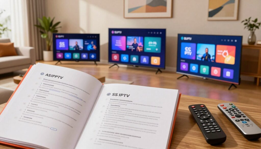 A modern living room featuring a diverse array of smart TV models on display, showcasing the installation process of SS IPTV. In the foreground, a slightly open user manual with installation steps illustrated, and various remote controls scattered around. The middle ground highlights three distinct smart TVs from different angles, each displaying the SS IPTV interface, with vibrant colors and clear icons. Soft, warm lighting illuminates the room, creating an inviting atmosphere. In the background, a comfortable couch and decorative elements like plants and paintings add to the homely feel. The scene is captured from a slight above-angle to encompass the full setup, emphasizing clarity and accessibility in tech installation.