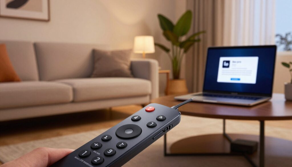 A modern living room featuring a sleek Amazon Fire TV Stick plugged into a TV's HDMI port. In the foreground, a close-up view of the Firestick remote, showcasing its buttons prominently. The middle layer includes a stylish sofa and a coffee table with a laptop open, displaying the ibo pro installation guide. Soft, warm lighting creates an inviting atmosphere, with a slight focus on the remote to emphasize its connection to the installation process. Background elements like wall decor and plants add to the cozy setting. The overall mood is calm and informative, evoking a sense of ease and accessibility in the installation process.