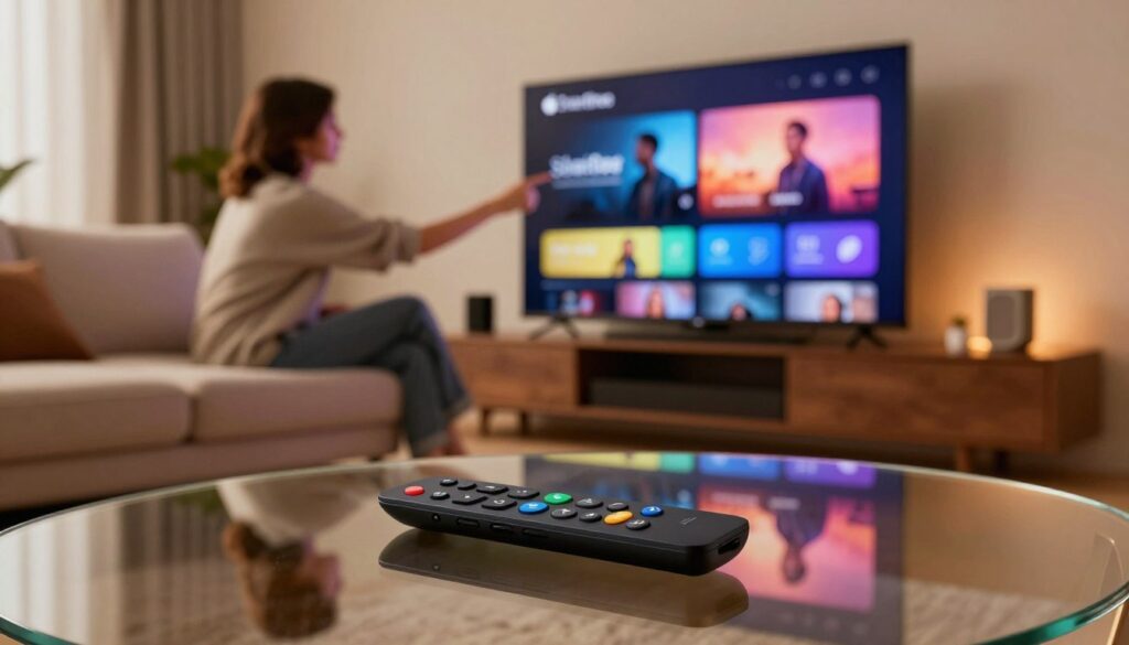 A modern living room featuring a sleek Apple TV interface on a large flat-screen display, showcasing detailed video quality settings for Smartone. In the foreground, a stylish remote control rests on a glass coffee table, with colorful icons reflecting smart streaming options. The middle layer shows a comfortable sectional sofa, with a user adjusting the video settings on the TV, dressed in smart casual attire. The background reveals soft ambient lighting, creating a warm, inviting atmosphere. Use a shallow depth of field to focus on the remote and TV screen, while softly blurring the background. The mood should be tech-savvy yet relaxed, perfect for a contemporary home setting.