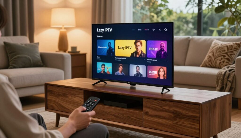 A modern living room featuring a sleek Apple TV prominently displayed on a polished wooden media console. In the foreground, a person, dressed in smart casual attire, is using a remote control to navigate through the Lazy IPTV interface on the screen, which showcases colorful channel options. The middle ground highlights a cozy couch and decorative pillows, creating a relaxed atmosphere. Soft, warm lighting from table lamps casts a gentle glow, enhancing the inviting ambiance. In the background, a window reveals a serene outdoor view, with greenery softly illuminated by natural light. The scene captures the essence of installation and entertainment, focusing on the user experience with technology.