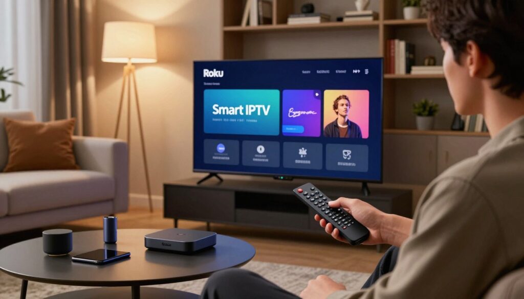 A modern living room featuring a sleek Roku device connected to a television, displaying the Smart IPTV installation interface. In the foreground, a professional-looking individual, dressed in smart casual attire, is holding a remote control, intently focused on the TV screen. The middle ground showcases a cozy sofa and a coffee table with tech gadgets, while the background reveals a stylish bookshelf filled with books and decor. The lighting is warm and inviting, emanating from a nearby floor lamp, creating a relaxed atmosphere. Capture the scene from a slightly angled perspective to emphasize the interaction with the Roku device, making the viewer feel engaged in the installation process.