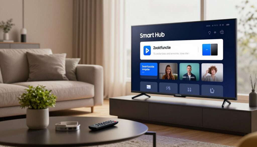 A modern living room featuring a sleek Samsung Smart TV prominently displaying the Smart Hub interface, showcasing the zoekfunctie option. In the foreground, a stylish coffee table with a remote control and a potted plant adds a touch of elegance. Middle ground includes a comfortable couch with neutral-colored cushions, creating an inviting atmosphere. The background features soft lighting, promoting a warm and cozy vibe, with a subtle view of a bright window. A wide-angle lens captures the scene, emphasizing the modern design and technology of the Smart Hub. The mood is relaxed and highly functional, capturing a moment of effortless navigation through TV options. No text, logos, or watermarks are included.