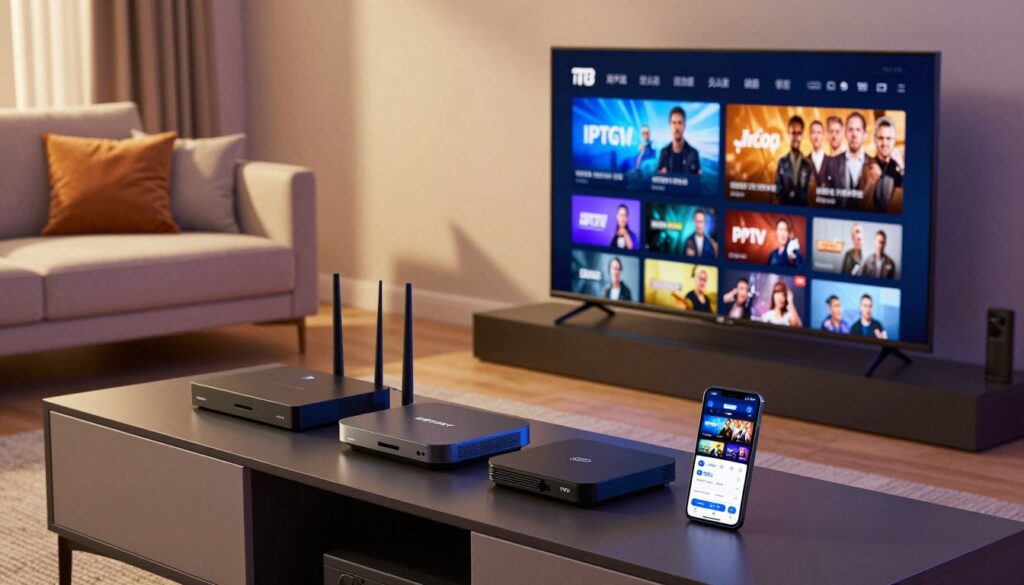 A modern living room featuring a sleek Smart TV displaying an IPTV interface. In the foreground, a stylish media console with various IPTV devices, such as a streaming box and a network router, neatly arranged. To the side, a smartphone showing a compatible IPTV app, symbolizing integration with mobile devices. The middle ground captures a comfortable sofa and plush cushions, inviting relaxation while enjoying content. The background features soft lighting, creating a warm and inviting atmosphere, casting gentle shadows. The scene is captured from a slightly elevated angle to showcase the integration of devices in an aesthetically pleasing layout. The overall mood is contemporary and tech-savvy, ideal for illustrating modern IPTV integration.