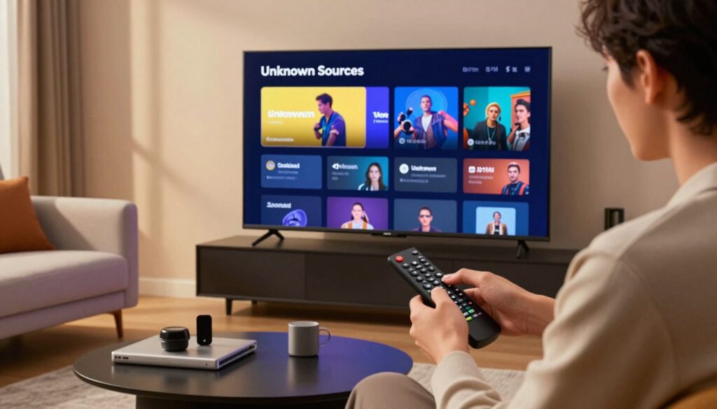 A modern living room featuring a sleek Smart TV with its menu displayed, actively showcasing the "Unknown Sources" activation screen. In the foreground, a user in professional casual attire is intently engaged with the remote, highlighting the focus on tech interaction. The middle ground includes a stylish sofa and a coffee table cluttered with tech gadgets, reflecting a contemporary lifestyle. The background displays warm lighting with soft, diffused tones, creating an inviting atmosphere. The scene captures a sense of curiosity and empowerment through technology, emphasizing the importance of enabling unknown sources on Smart TVs for enhanced functionality. Use a realistic lens for clarity and depth, portraying a vibrant and active home environment.