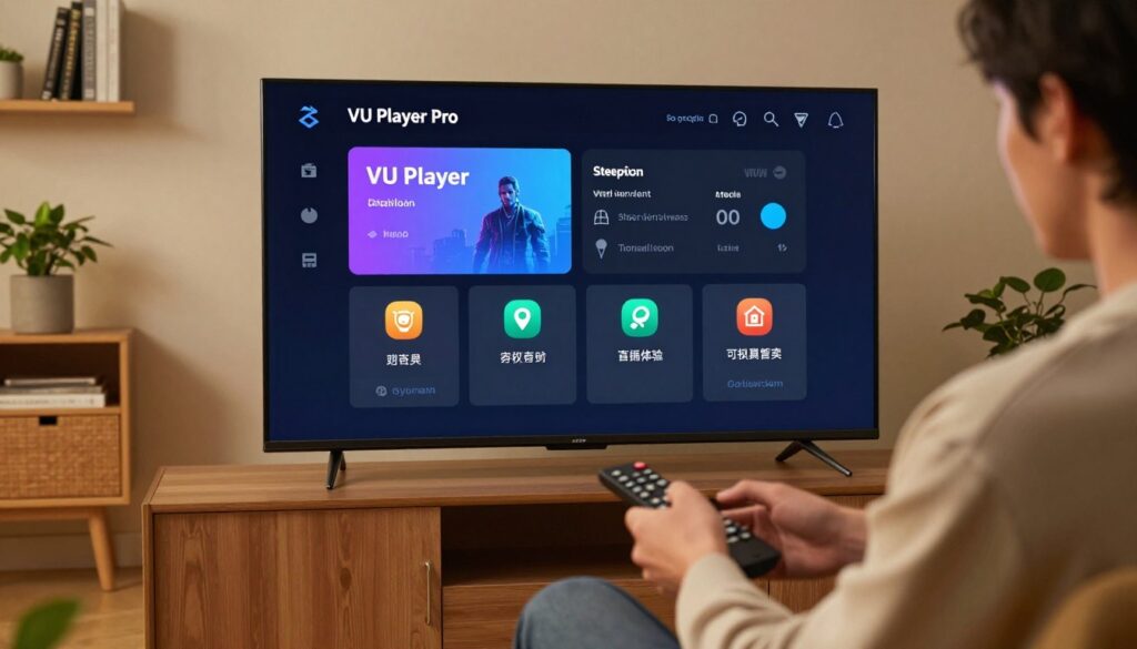 A modern living room featuring a sleek smart TV prominently displaying the VU Player Pro installation interface. In the foreground, a person in casual yet professional attire interacts with a remote control, showing a focused expression. The middle ground highlights a clear view of the TV screen, showcasing the step-by-step installation process with detailed menus and icons. Soft, warm lighting illuminates the room, creating a cozy atmosphere. The background includes subtle decor elements like plants and bookshelves, enhancing the home environment without distraction. The image conveys a sense of guidance and clarity, perfectly illustrating the installation process.