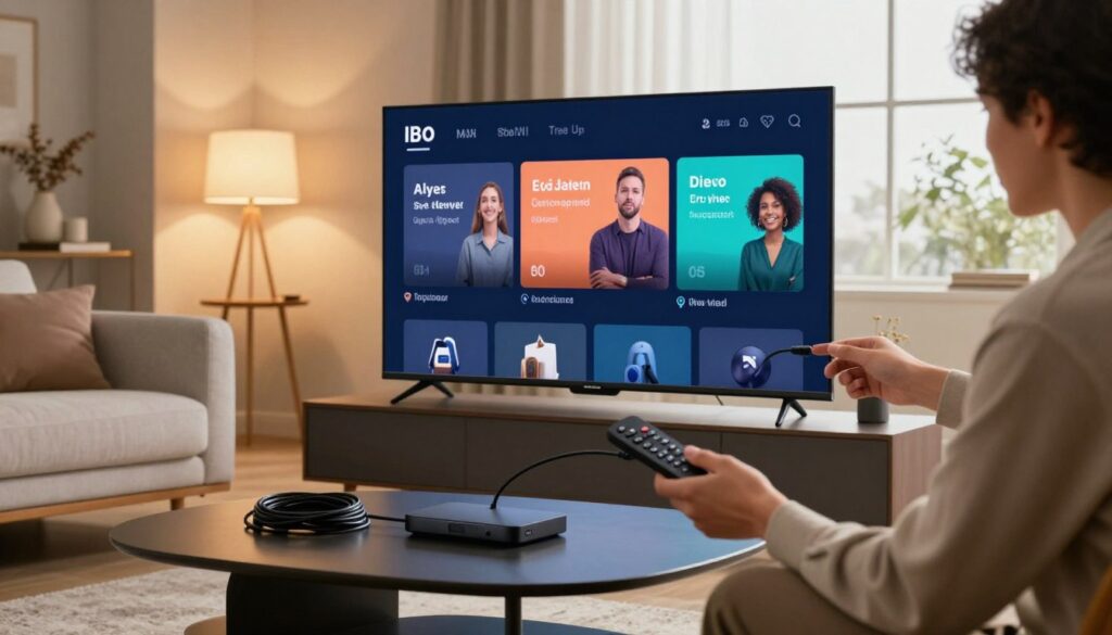 A modern living room featuring a sleek, wall-mounted smart TV displaying the Ibo player interface. In the foreground, a person in business casual attire earnestly connects the TV to a streaming device, demonstrating the installation process. The middle ground showcases a stylish coffee table with essential installation tools like cables and a remote control. The background reveals a cozy atmosphere, with soft, warm lighting coming from stylish lamps and a large window allowing natural light to filter in. The scene should convey a sense of efficiency and ease, illustrating a user-friendly installation experience, with a focus on technology and home comfort. No text overlays or distractions.