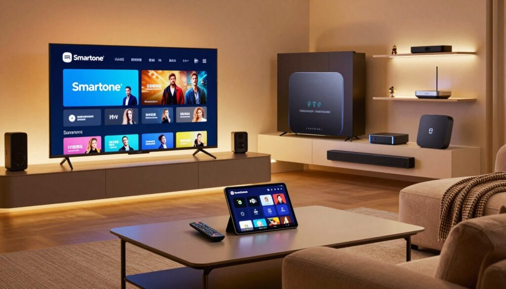 A modern living room featuring various supported smart devices for Smartone IPTV installation, including a sleek Smart TV prominently displaying the Smartone interface. In the foreground, a stylish coffee table holds a remote control and a tablet showcasing popular streaming service icons. In the middle, a comfortable sofa with a cozy throw invites viewers to relax while watching. The background is softly lit with warm lighting, and shelves display other tech gadgets like a streaming box and a soundbar. The atmosphere is inviting and informative, aimed at tech-savvy homeowners. The scene is captured from a slightly elevated angle to provide a comprehensive view, emphasizing the integration of these devices in everyday life.