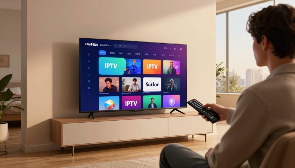 A modern living room interior showcasing a Samsung Smart TV prominently displayed on a sleek, minimalist wall unit. In the foreground, a person in professional casual attire, focused and engaged, is seen holding a remote control, poised to navigate the download process of an IPTV app. The interface on the TV screen shows a vibrant and user-friendly app store layout with colorful icons representing various IPTV applications. Warm, inviting lighting fills the room, suggesting a cozy ambiance, while large windows in the background allow natural light to filter in softly. The overall mood is one of anticipation and curiosity, as the viewer is drawn into the innovative technology experience.