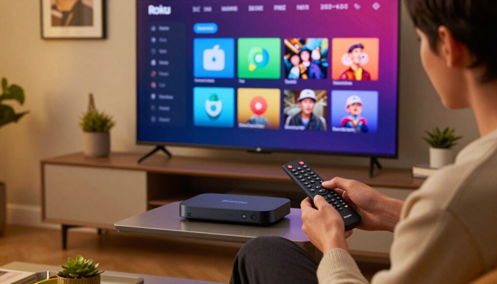 A modern living room scene featuring a Roku streaming device prominently displayed on a sleek entertainment center. In the foreground, a person in casual but professional attire is interacting with a TV remote, focused on activating developer options on the Roku interface. The middle ground showcases a large flat-screen TV with a vibrant display, showing colorful menus and icons of various apps. The background features soft, warm lighting that creates a cozy atmosphere, with decorative items like framed art and houseplants adding a personal touch. The camera angle is slightly elevated, capturing both the person and the TV to convey a sense of preparation and engagement in setting up the device for streaming. The overall mood is informative and inviting, ideal for an instructional context.
