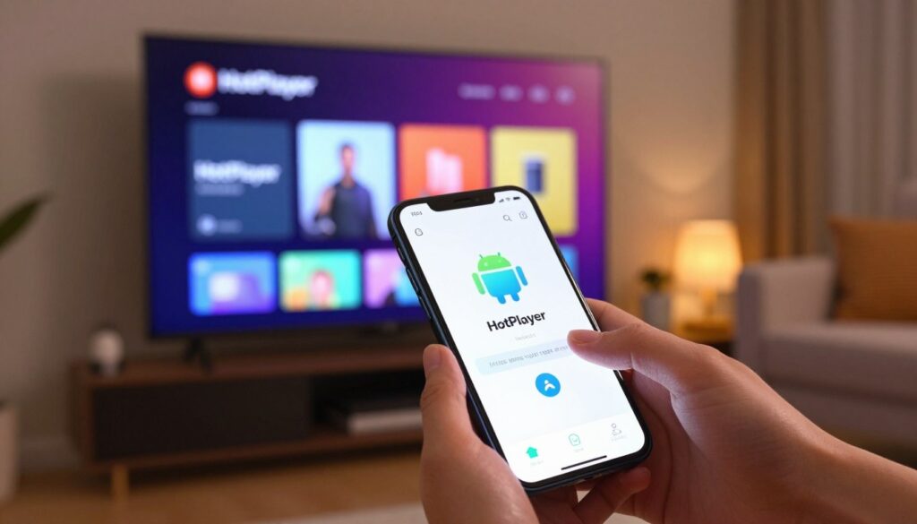 A modern living room scene featuring an Android smartphone and a Smart TV displaying the HotPlayer installation interface. In the foreground, showcase the smartphone with a clear view of the app's logo and installation process, with a pair of hands interacting with the screen. In the middle ground, the Smart TV shows the HotPlayer app loading screen, with bright, inviting colors emphasizing a user-friendly experience. The background includes a cozy couch and ambient lighting, creating a warm and welcoming atmosphere. Soft, diffused lighting highlights the sleek design of the devices, while a slightly angled view enhances depth. The overall mood is encouraging and engaging, ideal for a tutorial on installing apps.