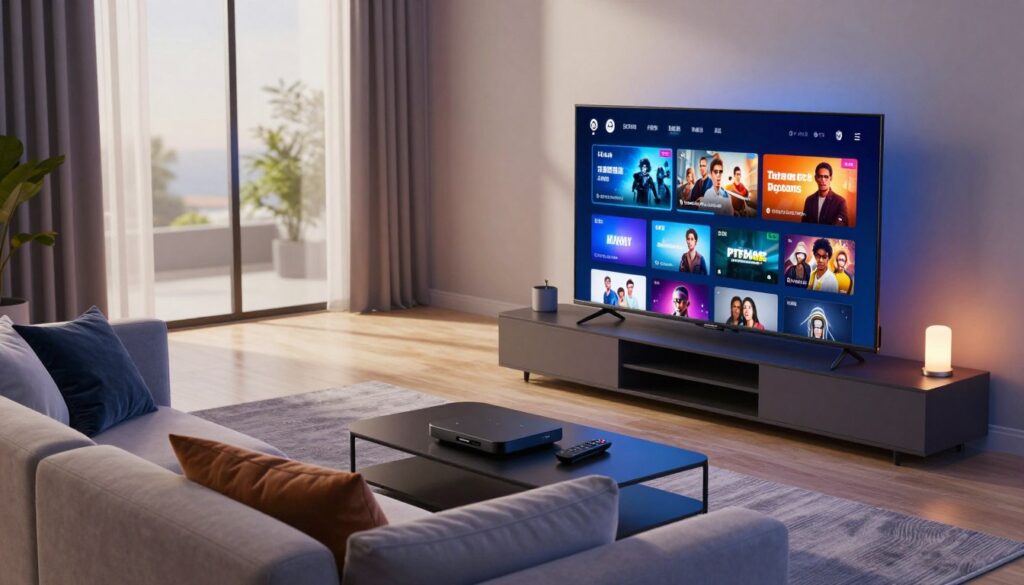 A modern living room setting designed for an optimal IPTV experience. In the foreground, a sleek, high-definition television displays a vibrant interface showcasing various streaming options, emphasizing personalization and user-friendly navigation. A comfortable sofa invites relaxation, adorned with soft pillows. In the middle ground, a stylish entertainment unit holds a digital streaming device and remote control, reflecting a serene atmosphere. The background features large windows with natural light streaming in, creating a warm and inviting ambiance. Ambient lighting from smart lamps adds a cozy touch, enhancing the overall mood. The scene is captured from a slightly elevated angle, providing a comprehensive view of the space. The colors are harmonious, focusing on calm blues and earth tones, inviting viewers into the world of effortless streaming.