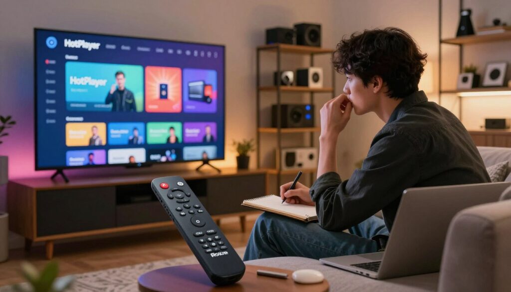 A modern living room setting featuring a large flat-screen TV displaying the HotPlayer interface, with a Roku remote control prominently placed in the foreground. In the middle ground, a person dressed in smart casual attire is sitting on a comfortable couch, intently focused on troubleshooting an issue. Their expression reflects concentration and determination, with tools like a notepad and a laptop nearby, symbolizing problem-solving efforts. The background reveals shelves with tech gadgets and books, softly lit by warm ambient lighting to create a cozy atmosphere. The angle is slightly from the side, emphasizing both the person's interaction with the TV and the serene environment, while conveying a mood of professionalism and problem-solving.