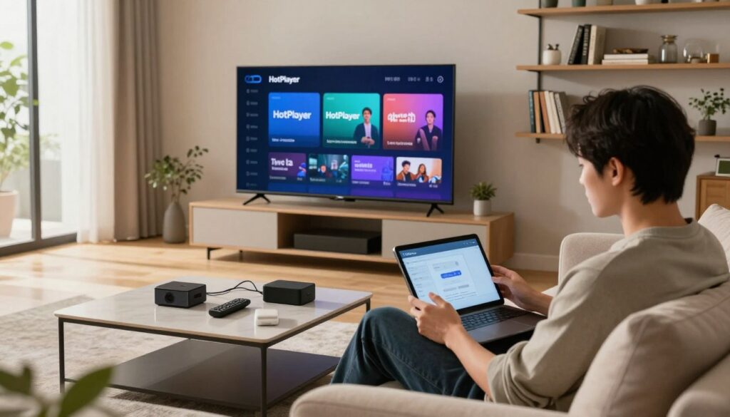 A modern living room setting featuring a sleek smart TV displaying the HotPlayer interface. In the foreground, a person in smart casual attire is sitting on a comfortable couch, consulting a tablet or laptop, looking focused on troubleshooting. The middle ground includes a stylish coffee table with a few tech gadgets like remote controls and wires organized neatly. The background showcases shelves with neatly arranged books and decorative items, creating a warm and inviting atmosphere. Natural light streams in through a large window, highlighting the cozy ambiance. The scene conveys a sense of problem-solving and practicality, emphasizing a relaxed yet focused mood.