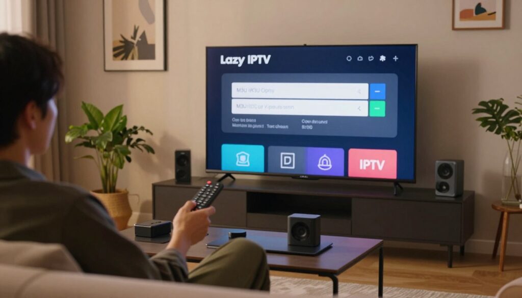 A modern living room setting featuring a sleek smart TV displaying the Lazy IPTV interface, with a visually prominent M3U URL input screen on the television. In the foreground, a person in stylish casual clothing is sitting on a comfortable couch, attentively navigating the remote control. The middle ground showcases a coffee table with various tech gadgets, and soft, warm lighting enhances the cozy atmosphere. The background includes a tasteful arrangement of wall art and indoor plants, creating a calm and inviting environment. The scene has a sense of focus and clarity, emphasizing the process of setting up Lazy IPTV while evoking a sense of modern technology in daily life.
