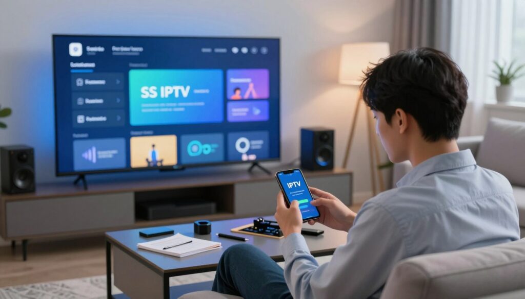 A modern living room setting featuring a sleek smart TV displaying the SS IPTV interface. In the foreground, a focused individual, dressed in business casual attire, is sitting on a comfortable sofa, actively troubleshooting the IPTV setup using a smartphone or tablet. Tools and notes are scattered on the coffee table, suggesting a DIY approach. The middle ground showcases the TV with clear graphics of potential issues, like connection errors or software updates. In the background, soft ambient lighting creates a warm atmosphere, while tech gadgets and decorative elements enrich the space. A soothing blue and white color palette enhances the calming mood of problem-solving and installation tips. Natural light filters through a window, adding depth and a touch of realism to the scene.