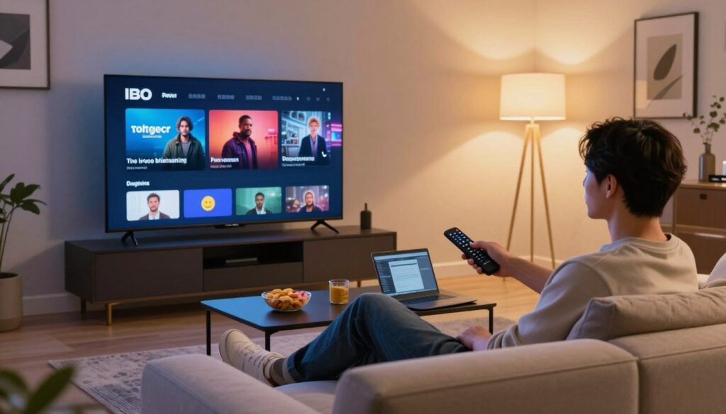 A modern living room setting featuring a sleek smart TV prominently displaying the IBO player interface. In the foreground, a user, dressed in smart casual attire, sits comfortably on a stylish sofa, focused on optimizing their streaming experience using a remote control. In the middle ground, a cozy coffee table with snacks and a laptop, suggesting a casual yet tech-savvy atmosphere. In the background, warm lighting enhances the inviting ambiance, with soft shadows cast by a floor lamp. The walls are decorated with modern art, emphasizing a contemporary lifestyle. The scene captures a sense of excitement and relaxation, embodying the joy of seamless streaming on a smart TV.