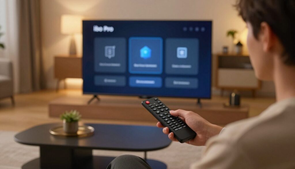 A modern living room setting featuring a smart TV displaying the ibo pro installation interface. In the foreground, a person dressed in smart casual attire is focused on setting up the TV, holding a remote control. The middle layer includes a close-up of the TV screen with clear icons depicting installation steps. The background shows a cozy ambiance with soft, warm lighting, a sleek coffee table, and a few decorative items. The angle is slightly from above, creating a perspective that highlights both the user and the TV screen. The atmosphere is inviting and tech-savvy, perfect for engaging readers in the process of the installation.