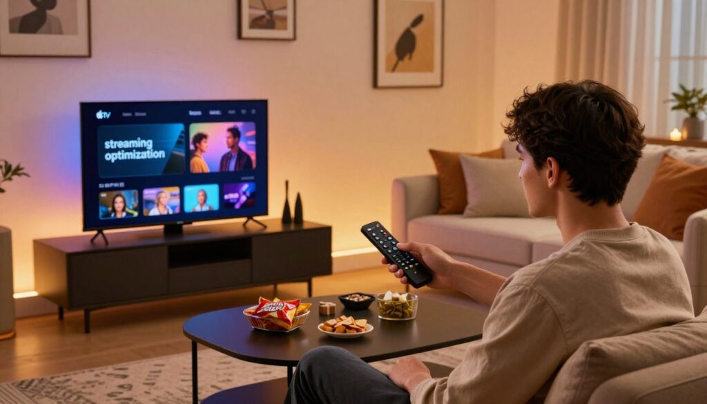 A modern living room setting featuring an Apple TV prominently displayed on a sleek entertainment center. In the foreground, a young professional in smart casual attire is intently interacting with the Apple TV remote, showcasing a user-friendly interface on the screen that indicates "streaming optimization." The middle ground includes a cozy sofa with plush cushions and a stylish coffee table adorned with snacks, inviting a relaxed atmosphere. The background reveals softly lit walls decorated with framed art, while warm, ambient lighting creates an inviting glow throughout the room. The overall mood is one of comfort and efficiency, emphasizing an optimal streaming experience. Capture this scene from a slightly elevated angle to provide depth and focus on the streaming enhancement on the screen.