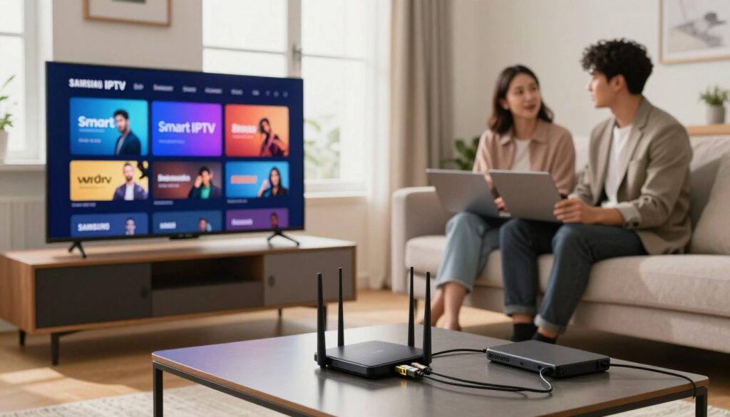 A modern living room setting showcasing a Samsung Smart TV displaying a vibrant Smart IPTV interface. In the foreground, a sleek coffee table with a high-speed router and multiple devices connected via Ethernet cables. The middle ground features a comfortable couch with a couple of individuals in professional attire discussing optimal streaming settings, exuding a sense of collaboration and focus. The background shows a bright window allowing natural light to filter in, enhancing the room’s inviting atmosphere. Emphasize a clean, organized environment symbolizing a stable internet connection, with warm lighting that creates a cozy yet tech-savvy mood. The overall composition should convey a sense of professionalism and productivity in home entertainment.
