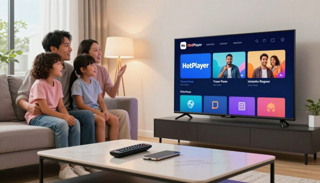 A modern living room setting showcasing a smart TV displaying the HotPlayer interface for IPTV service configuration. In the foreground, a sleek, minimalist coffee table holds a remote control and a smartphone. In the middle, a happy family (two adults and children) are gathered on a comfortable sofa, intently focused on the TV screen, reflecting excitement and engagement. The background features bright, ambient lighting, with a large window revealing a sunny day outside. The camera angle is slightly elevated, capturing both the TV's screen and the family's expressions. The atmosphere is warm and inviting, emphasizing a sense of connection and leisure as they configure their IPTV service together.