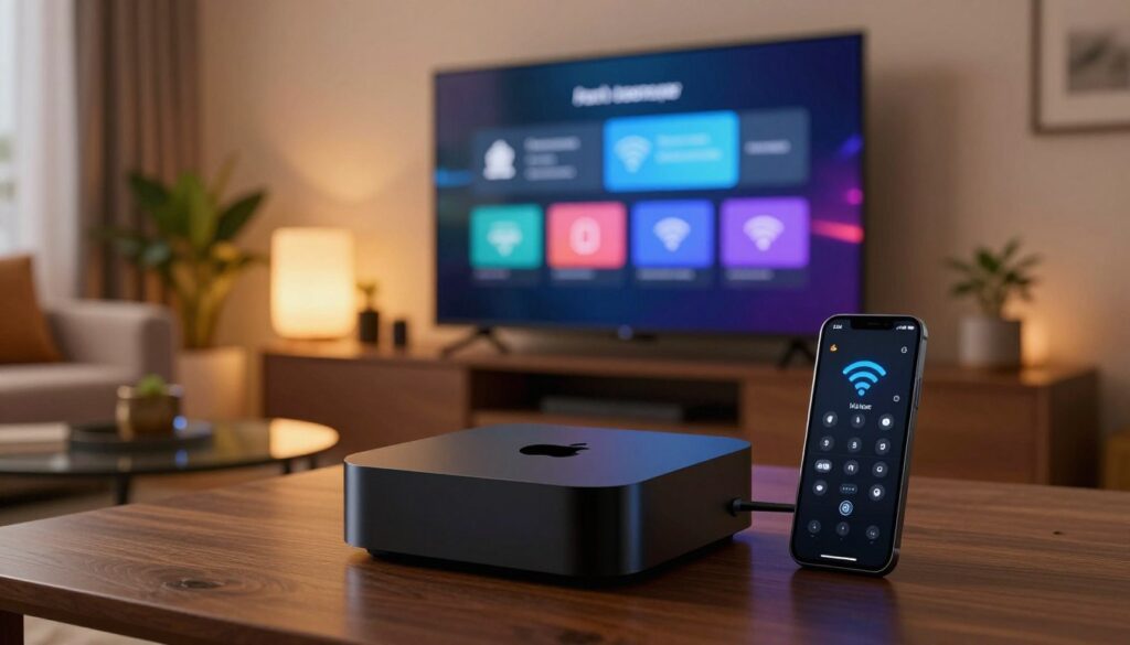 A modern living room setting showcasing an Apple TV connected to a large flat-screen TV. In the foreground, a sleek black Apple TV device is displayed with its remote prominently placed beside it. The middle ground features a smartphone displaying network settings, such as pairing options and Wi-Fi configurations, reflecting vibrant icons and user interface elements. In the background, warm ambient lighting creates a cozy atmosphere, enhancing the technology-rich environment. A soft-focus view of couches and decorative elements like plants adds depth to the scene. The overall mood conveys a sense of ease and accessibility in setting up network preferences and device pairing. The angle should suggest a user-friendly perspective, inviting viewers to engage with the technology depicted.