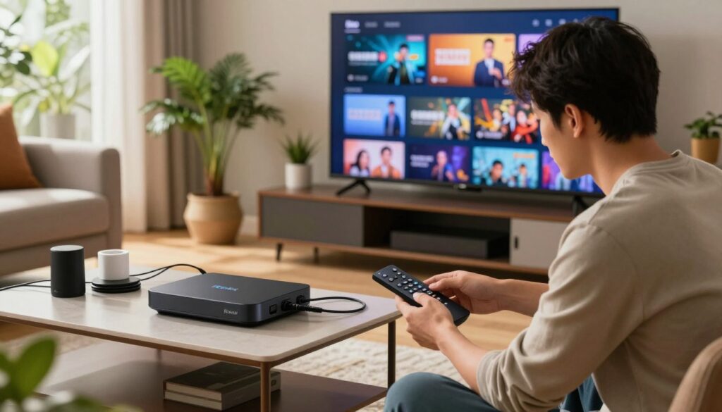 A modern living room setup featuring a Roku device connected to a large flat-screen TV displaying streaming channels. In the foreground, a focused technician wearing smart casual attire is adjusting settings on the Roku remote. In the middle ground, a stylish entertainment center showcases the Roku box with smart home devices, cables neatly organized for optimal network connectivity. Soft daylight filters through a nearby window, creating a warm atmosphere, while the background includes vibrant house plants and comfortable furniture, symbolizing a cozy viewing environment. The scene reflects the essence of network optimization for IPTV, conveying a sense of professionalism and comfortable living.