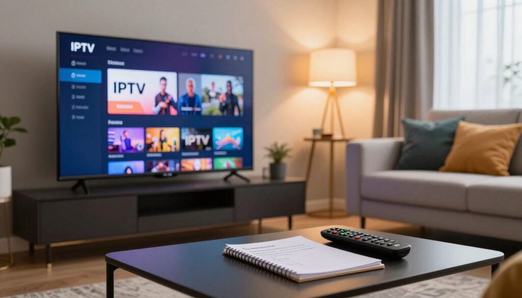 A modern living room setup with a large flat-screen TV displaying the IPTV player settings interface. In the foreground, a sleek coffee table with a remote control and a notepad with notes on installation tips. The middle ground features a stylish sofa and a comfortable armchair, both adorned with colorful cushions. In the background, there are soft, ambient lights creating a warm and inviting atmosphere. The scene is well-lit, with natural light filtering in from a window, giving a cozy feel to the room. The focus is on the clarity of the IPTV settings on the screen, showing various optimization options, presented in a user-friendly, detailed layout. The mood is informative and encouraging, ideal for learning about IPTV installation.