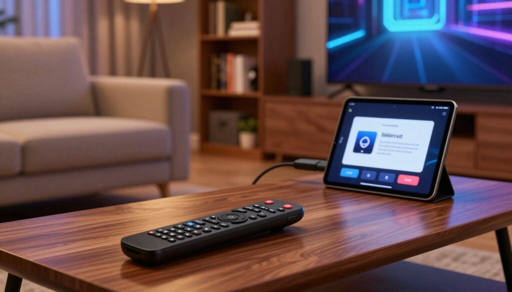 A modern living room with a focus on a television and an Amazon Fire TV Stick plugged into the HDMI port. In the foreground, a sleek, black remote control is resting on a stylish wooden coffee table, with a small tablet showing a setup guide for sideloading applications. The middle of the scene features a comfortable sofa, with a cozy ambiance created by soft, warm lighting. The background includes a well-decorated bookshelf, indicating a tech-savvy environment. The angle is slightly tilted downward to focus on the remote and tablet, making it inviting. The overall mood is focused, with a hint of anticipation for the upcoming installation process.