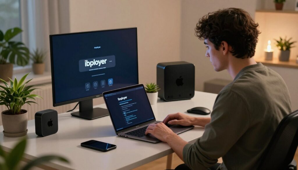 A modern, professional workspace showcasing a detailed troubleshooting scene for "iboplayer" on an Apple TV. In the foreground, a focused individual in smart casual attire is seated at a sleek desk, intently examining a laptop screen displaying iboplayer installation issues. The middle ground features an Apple TV display showing a loading screen, with helpful icons and a user-friendly interface. The background reveals a cozy, well-lit room with potted plants and minimalistic tech gadgets, creating a supportive atmosphere for problem-solving. Soft, warm lighting enhances the scene, casting gentle shadows that evoke a sense of calm and focus. The angle is slightly tilted to capture the depth of the workspace, making it inviting and professional.
