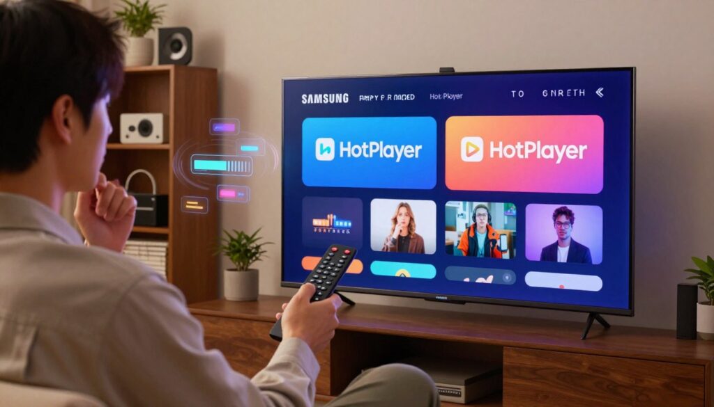 A modern, sleek Samsung Smart TV displaying a colorful interface that suggests streaming options, with a focus on the HotPlayer app. In the foreground, a professional-looking person, dressed in business casual attire, is holding a remote control, looking thoughtful as they troubleshoot. In the middle ground, a digital representation of buffering icons swirls around the TV, symbolizing common issues encountered while streaming. The background features a cozy living room setting with soft, warm lighting, creating a relaxed atmosphere. A bookshelf with tech devices and a plant are visible, adding an inviting touch. The image captures the theme of problem-solving and optimizing performance, with a clean, sharp focus that conveys professionalism and clarity.