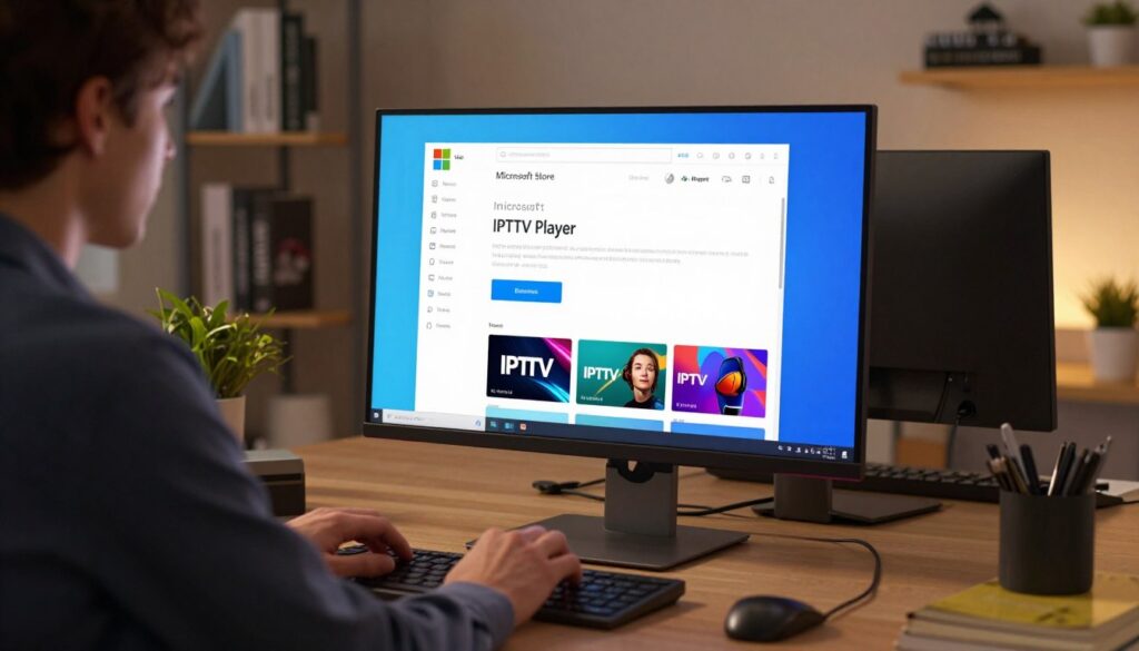 A modern, sleek computer desk setup featuring a Windows PC screen displaying the Microsoft Store page for the IPTV Player installation. In the foreground, a user in professional business attire is actively engaging with the computer, reflecting focus and concentration. The middle area showcases vibrant and clear graphics of the Microsoft Store interface, highlighting the IPTV Player download button and related app visuals. The background features a softly illuminated room with a contemporary design, including bookshelves with tech-related books and a subtle plant for a touch of nature. Warm, ambient lighting creates a productive and inviting atmosphere, with a slight depth of field to emphasize the installation process in action.