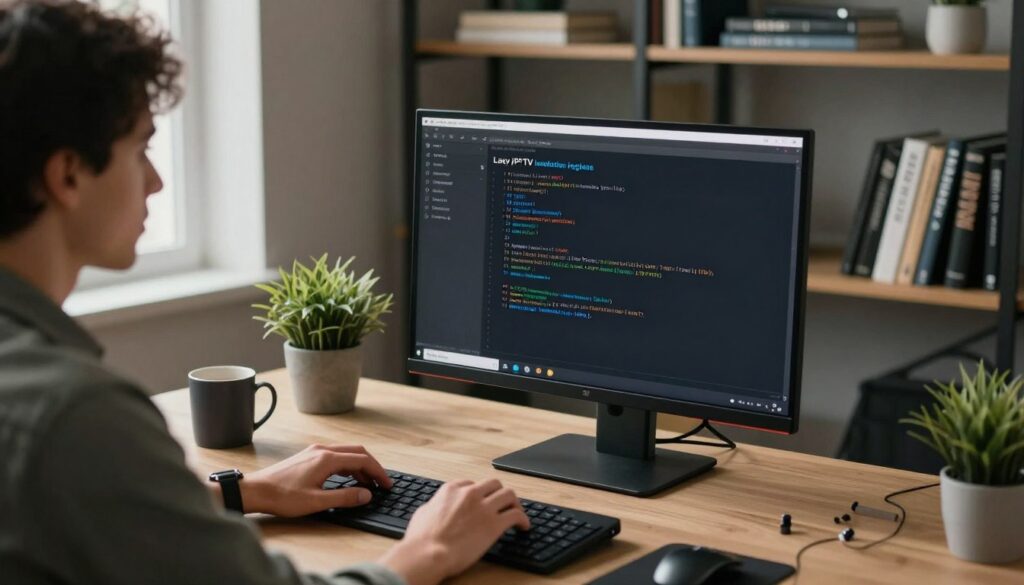 A modern, sleek computer setup in a cozy workspace, featuring an open Linux terminal on a high-resolution monitor displaying the Lazy IPTV installation process. In the foreground, a focused individual in professional casual attire interacts with the computer, reviewing installation steps displayed on the screen. The background showcases a stylish bookshelf filled with tech books and a minimalistic desk adorned with a potted plant and a coffee mug. Soft natural lighting filters in from a nearby window, creating a serene atmosphere. The composition emphasizes a blend of technology and productivity, capturing the essence of setting up Lazy IPTV on a Linux system. The angle is slightly elevated, giving depth to the scene while ensuring clarity of the screen's content.