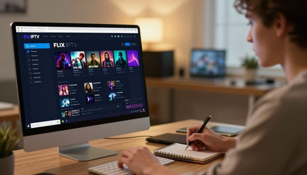 A modern, sleek desktop computer displaying the Flix IPTV configuration settings on the screen. The foreground features a close-up of the user interface, showing various customizable options in an organized layout, such as network settings, channel configurations, and personalization features. In the middle ground, a focused individual in smart casual attire is interacting with the computer, taking notes on a notepad, conveying a sense of concentration and engagement. The background consists of a stylish home office with soft, warm lighting, highlighting the tech-savvy environment. A subtle depth of field effect blurs the edges, emphasizing the subject while maintaining an inviting atmosphere, suggesting an easy-to-follow setup process.
