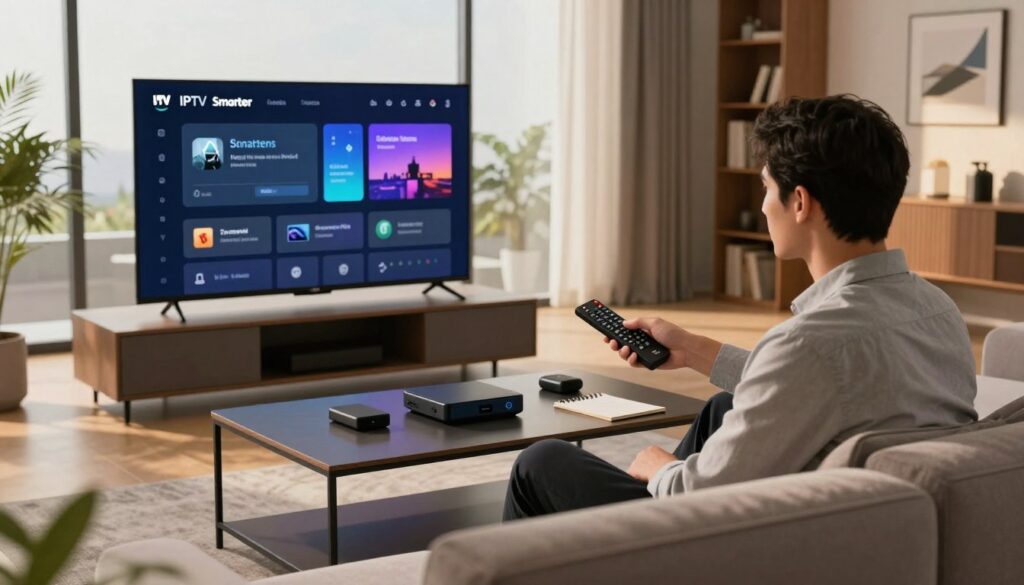 A modern, sleek living room scene with a large flat-screen TV displaying the IPTV Smarters interface filled with configuration options. In the foreground, a confident, professional-looking person wearing business casual clothes is seated on a comfortable couch, attentively navigating the IPTV settings on a remote control. The middle ground features a stylish coffee table with various streaming devices and a notepad for taking notes. In the background, large windows let in warm, natural light, casting soft shadows and creating a cozy atmosphere. The room is tastefully decorated with modern furnishings, including bookshelves and artwork, enhancing the theme of tech-savvy entertainment. The mood should feel engaging and informative, appealing to readers interested in setting up their IPTVnator.