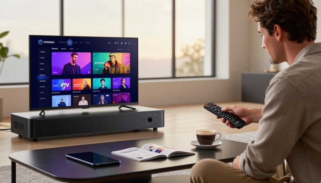 A modern, sleek living room setup showcasing an IPTV player configuration on a Linux system. In the foreground, a stylized laptop shows the IPTV player interface, with vibrant colors and user-friendly design elements visible on the screen. To the side, a professional, casually dressed individual is intensely focused, adjusting settings with a remote control. The middle of the image features a stylish coffee table with tech gadgets, user manuals, and a cup of coffee, adding to the atmosphere of an efficient workspace. In the background, large windows let in soft, natural light, creating a warm and inviting mood. The room is modern with minimalist decor, emphasizing a balance between technology and comfort. The overall atmosphere conveys productivity and high-tech optimization.