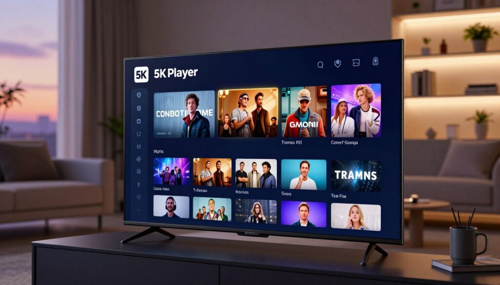 A modern, sleek media library interface showcasing the 5KPlayer application on a smart TV screen. The foreground features a clear, vivid display of the 5KPlayer logo and its media library filled with neatly organized video thumbnails, highlighting various genres and user-friendly navigation options. In the middle ground, a stylish living room setting with contemporary furniture, soft ambient lighting enhances the tech-savvy atmosphere. The background includes a cozy ambiance with gently illuminated shelves, plants, and a soft-focus view of a window showing a sunset sky. The scene conveys an inviting and innovative mood, ideal for tech-savvy users seeking to enhance their home entertainment experience.