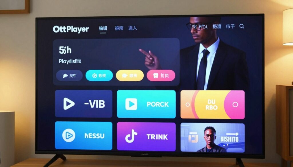 A modern, sleek playlist management interface for OttPlayer displayed on a smart TV screen. The foreground features an organized grid of channels, each represented by colorful icons and logos. In the middle ground, a user interface panel shows options for adding, editing, and sorting playlists, with vibrant buttons and a user-friendly design. The background consists of a cozy living room setting, with soft ambient lighting casting a warm glow on the TV. A reflection of a person in professional business attire can be seen adjusting the settings, conveying a sense of usability and functionality. The mood is inviting and tech-savvy, ideal for illustrating a contemporary digital experience. The image should be bright, engaging, and without any text or additional elements.