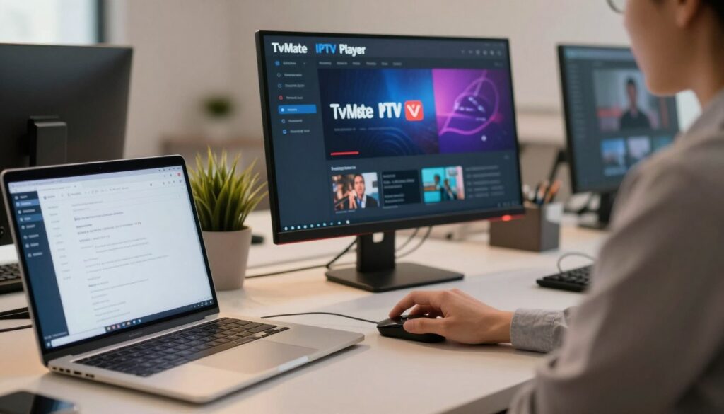 A modern, sleek workspace featuring a computer screen displaying the TvMate IPTV Player interface. The foreground showcases a well-organized desk with a laptop open to the configuration settings of the IPTV player, illuminated by soft, warm lighting. In the middle, a hand, dressed in a business casual shirt, is adjusting the settings with an intuitive click on the mouse. The background reveals a subtly blurred view of a minimalist office environment, with a small potted plant and an external monitor displaying streaming content. The overall atmosphere is professional and focused, highlighting a sense of productivity and modernity, captured from a slightly elevated angle to give depth to the scene.