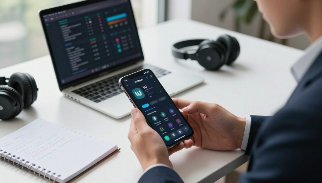 A modern, sleek workspace featuring an iPhone displaying the VU Player app on its screen. In the foreground, a person in professional attire engages with the phone, showcasing focused interaction. The middle ground highlights an elegant desk setup, including a laptop, headphones, and a notepad filled with performance metrics and optimization strategies. In the background, soft natural lighting filters in through a window, giving the scene a bright, productive atmosphere. The camera angle is slightly tilted to capture both the device's interface and the user's intent expression, symbolizing enhanced user experience and performance improvement. The overall mood conveys efficiency and forward-thinking technology, with a harmonious blend of professionalism and relaxation.